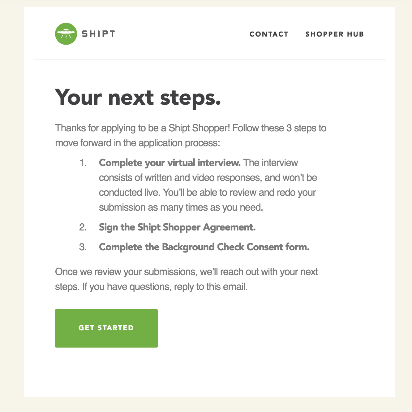 Shipt shopper: the next steps page of the shopper application