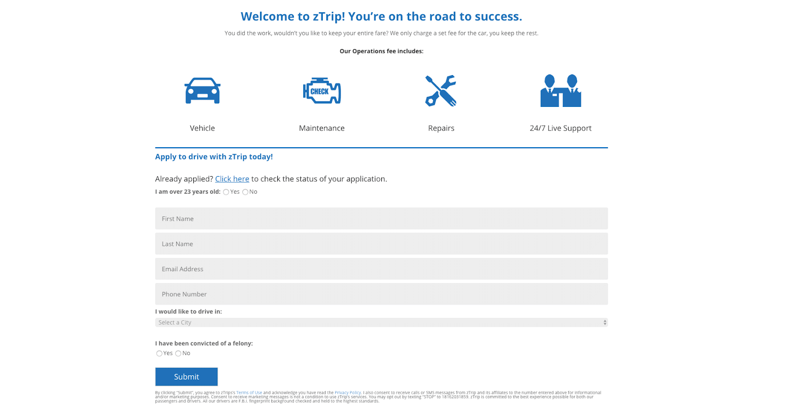 zTrip: the webpage to apply to be a driver