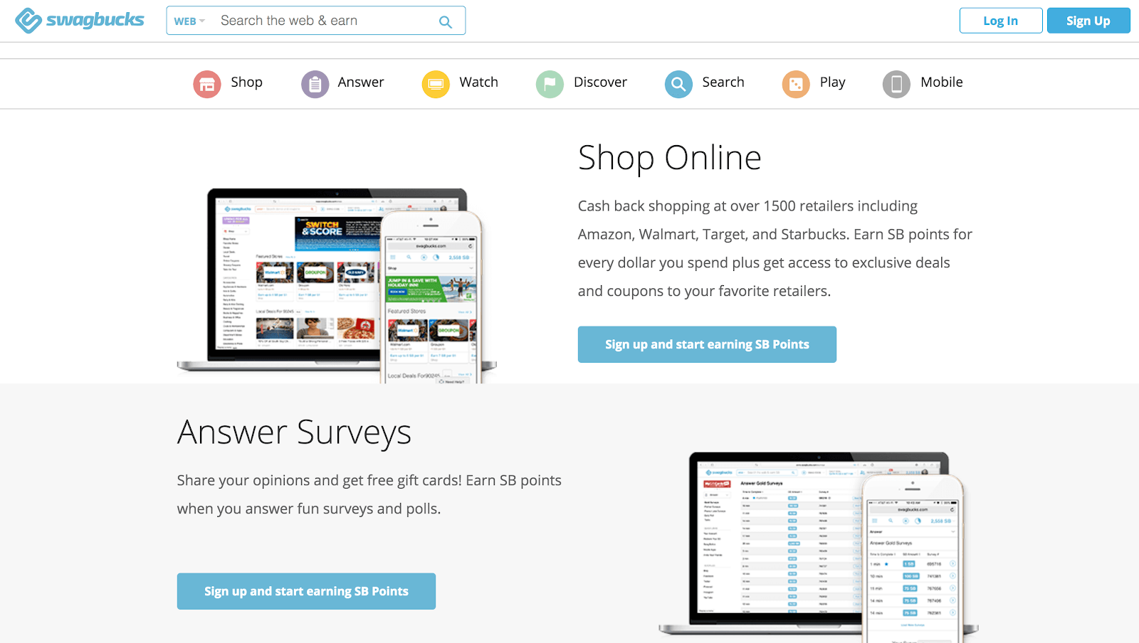 Screenshot displaying how to earn money on the Swagbucks site