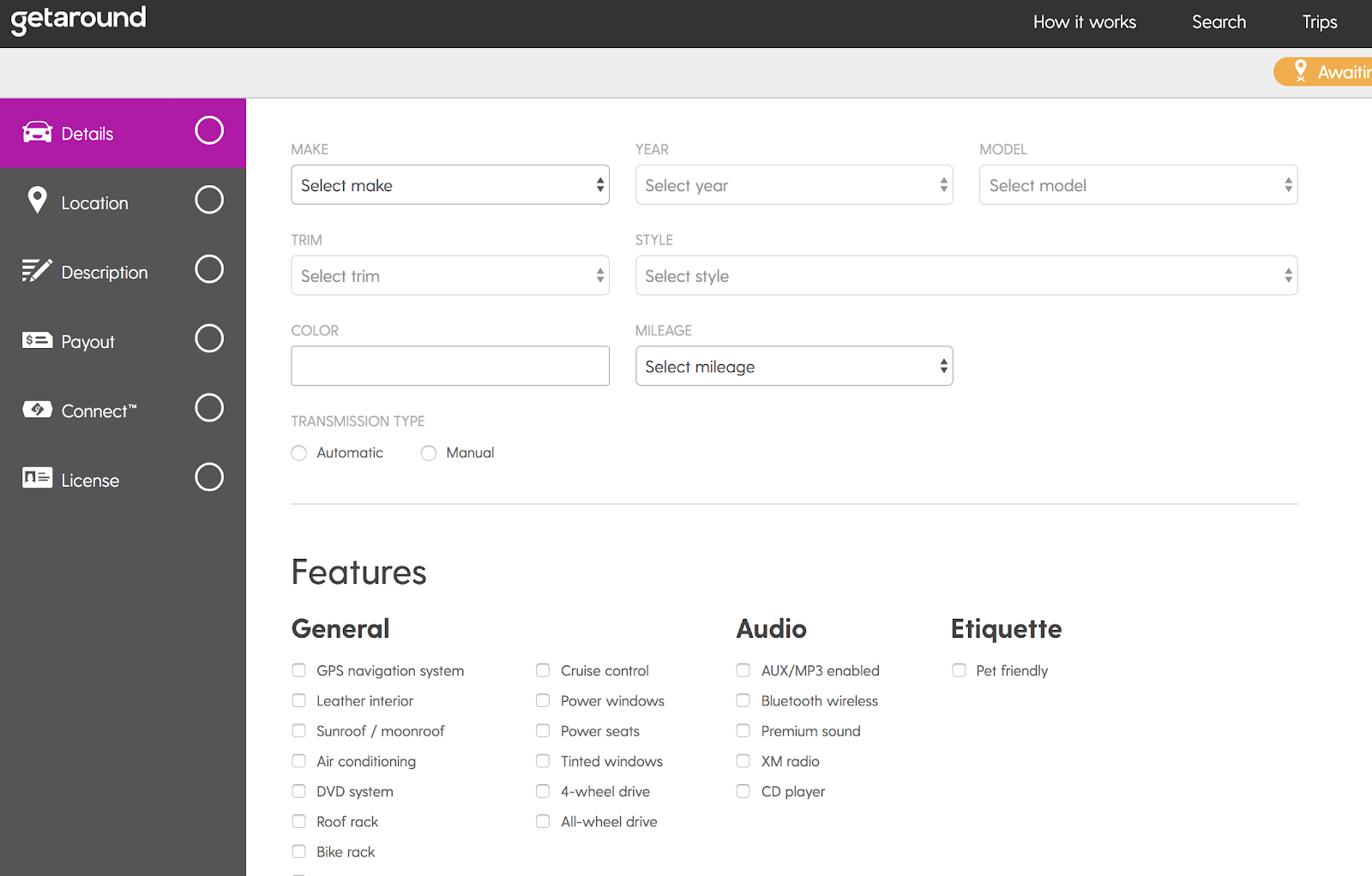 Screenshot of Getaround car detail form