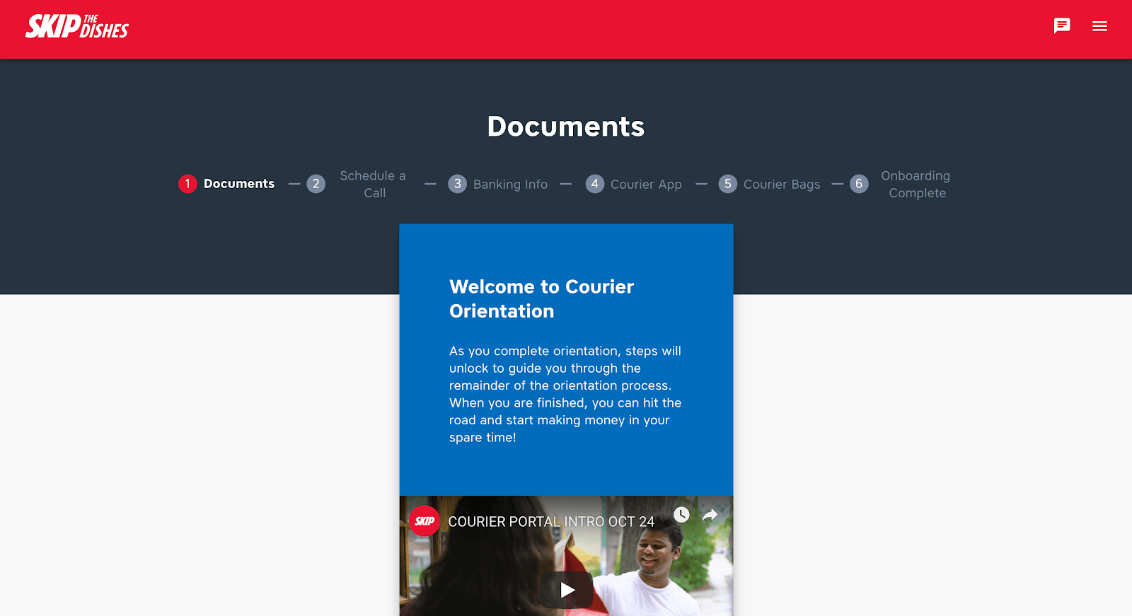 Screenshot of SkipTheDishes orientation page