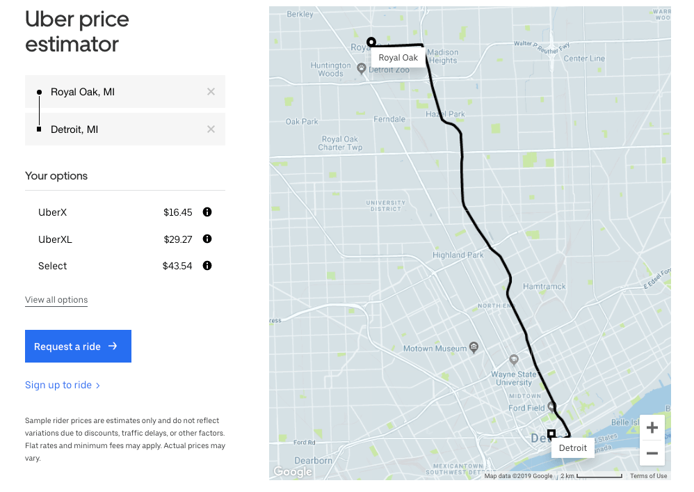 Uber fare calculator results