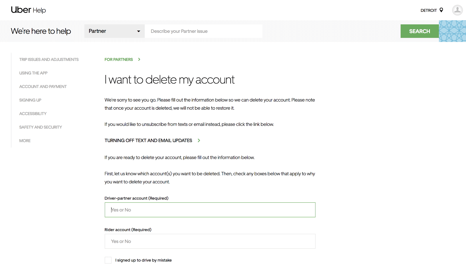 Delete Uber account: the Uber help page where you can begin deleting your account