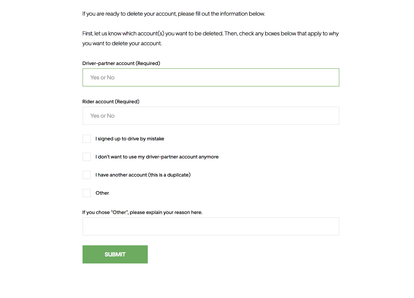 Delete Uber account: the webpage form you must fill out to delete your account