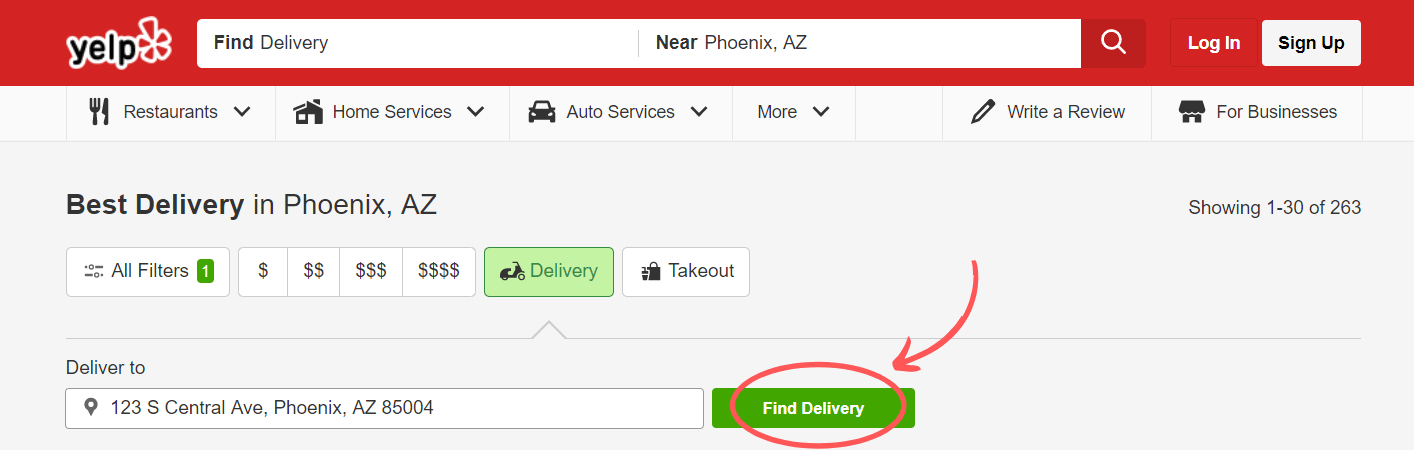Screenshot of Yelp's "Find Delivery" option