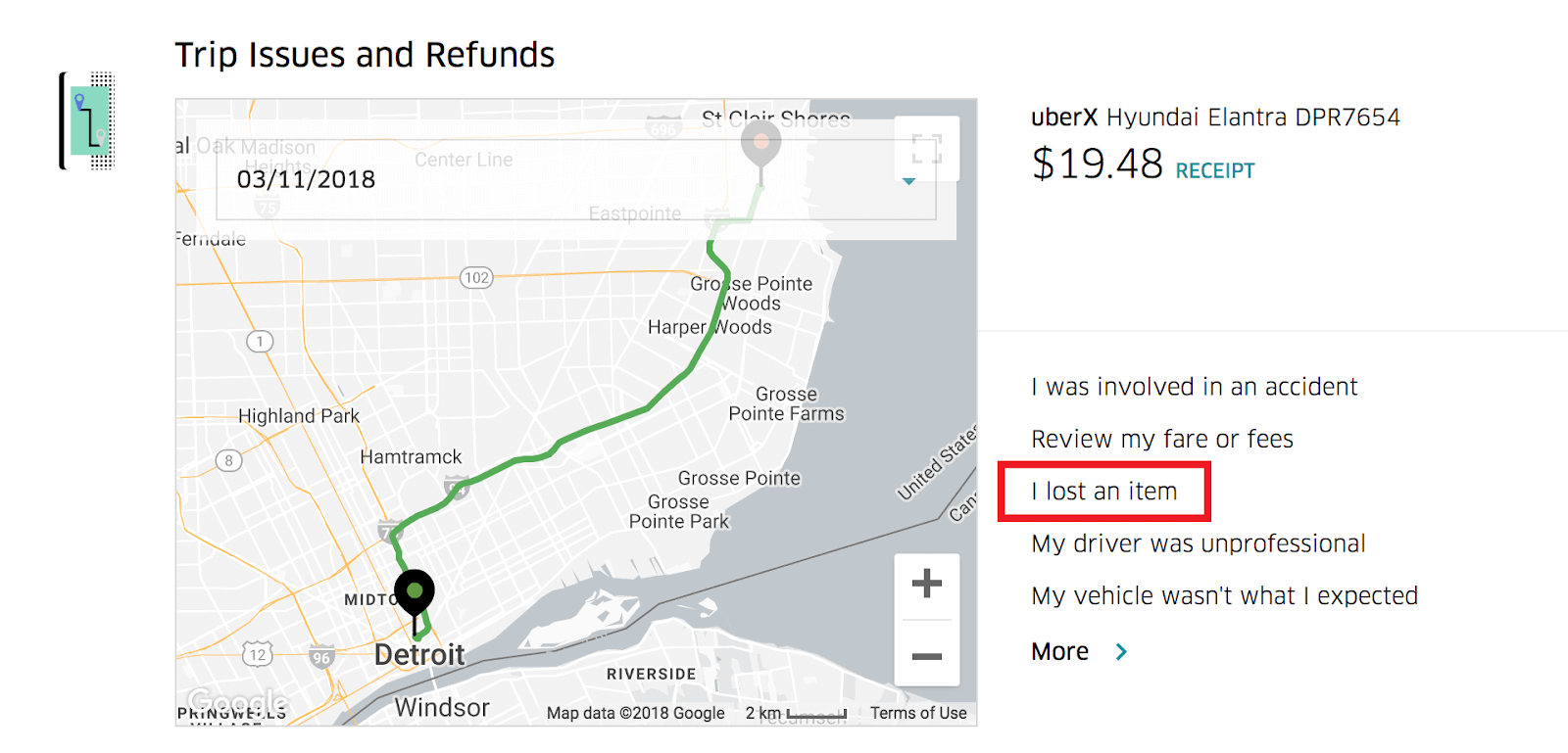 Uber chat: The "trip issues" page on Uber