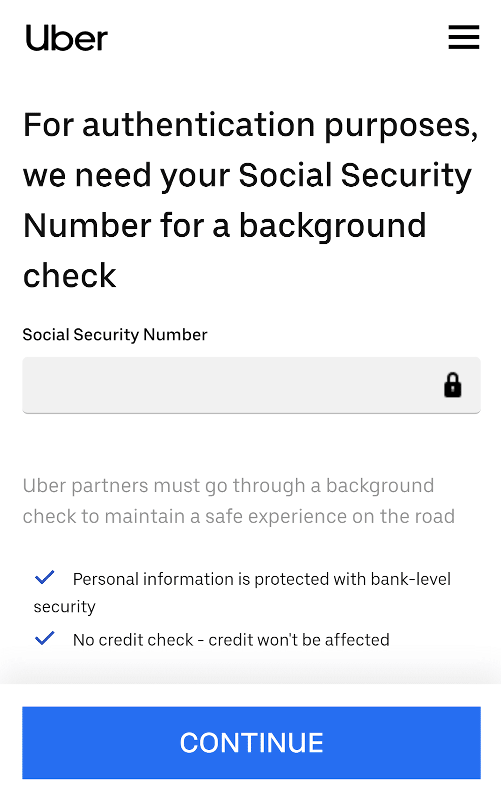 Screenshot of Uber application authentication step