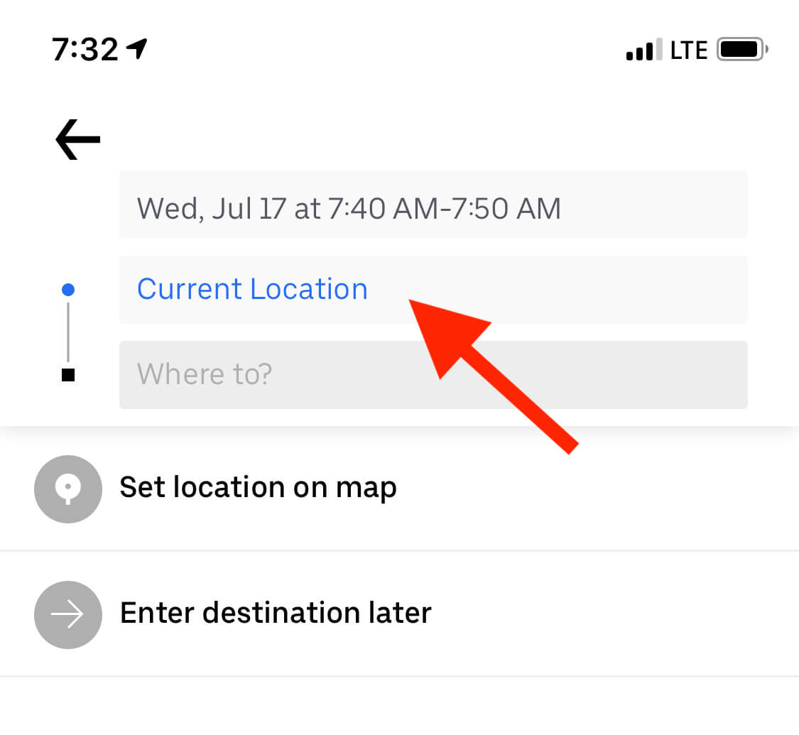Schedule Uber: The "Current Location" selection in the app