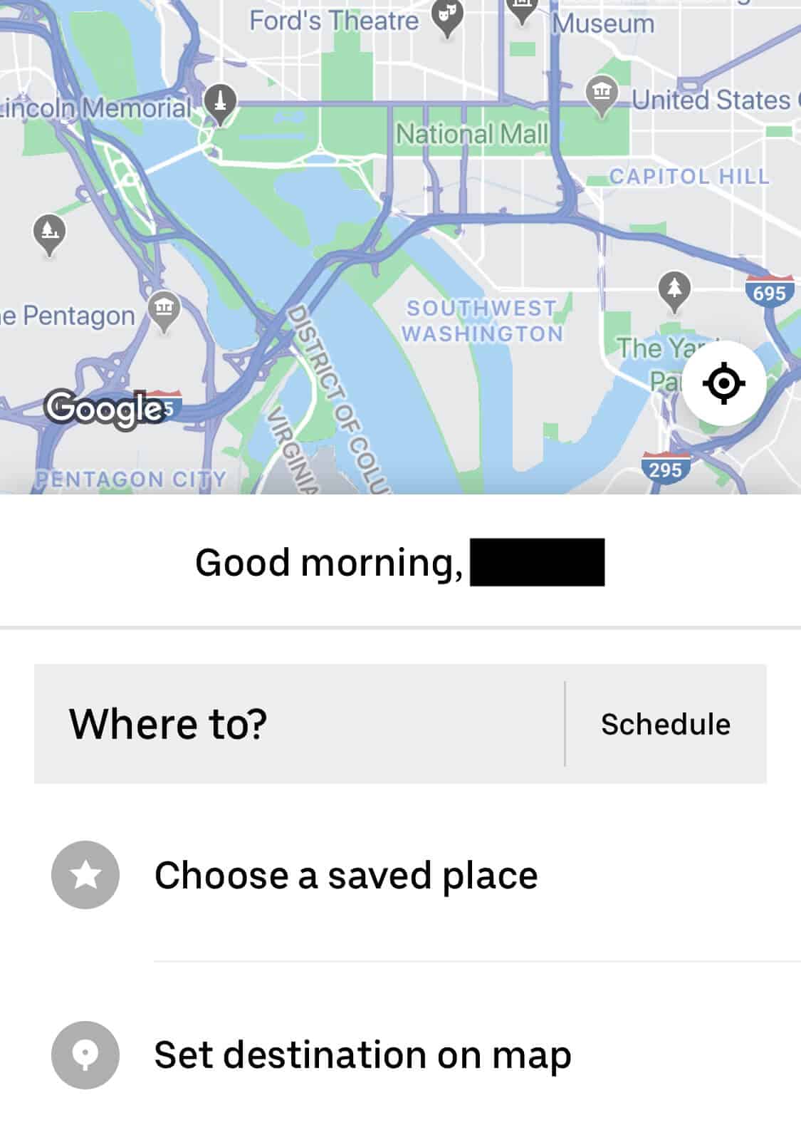Schedule Uber: the app homepage