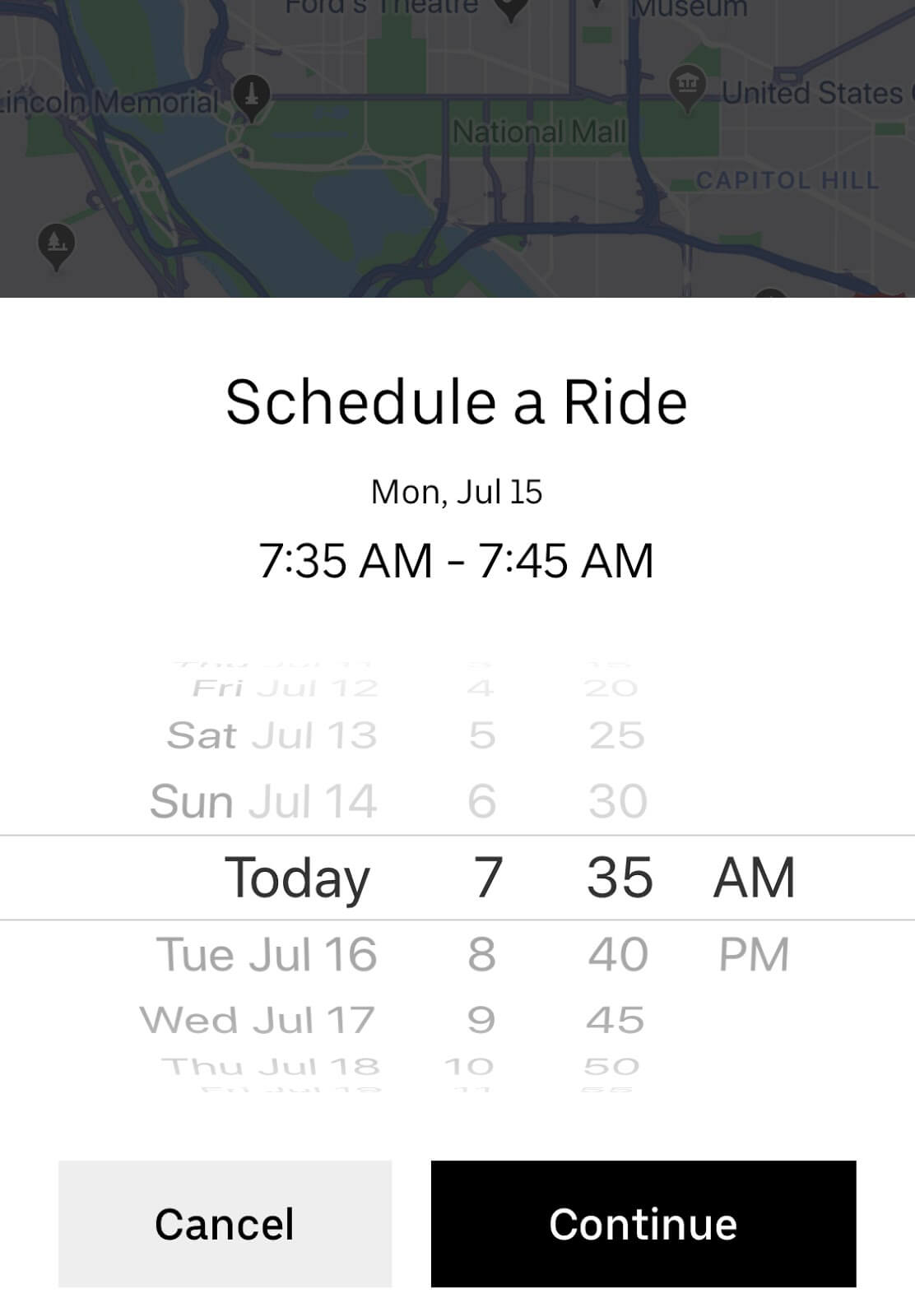 Schedule Uber: the date and time selection in the app scheduling process