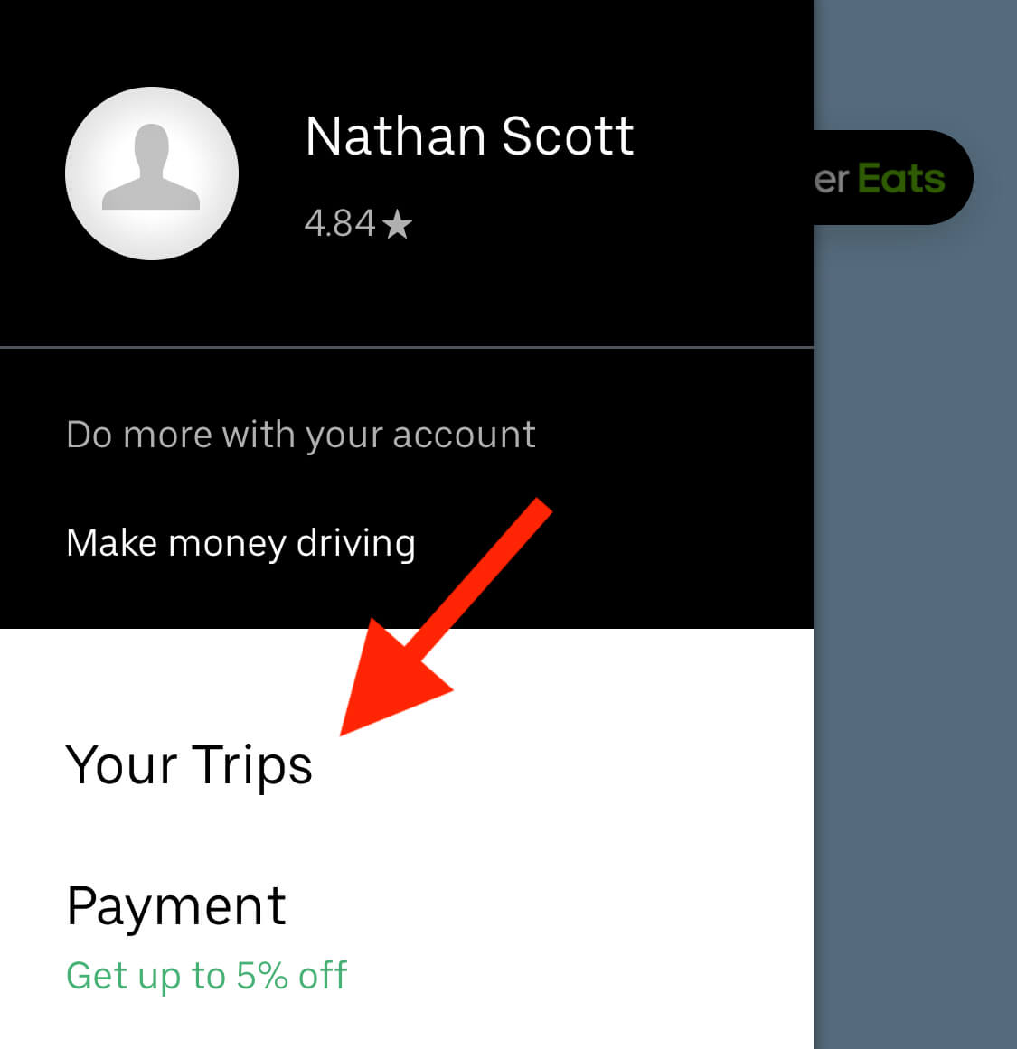 Schedule Uber: the app menu options