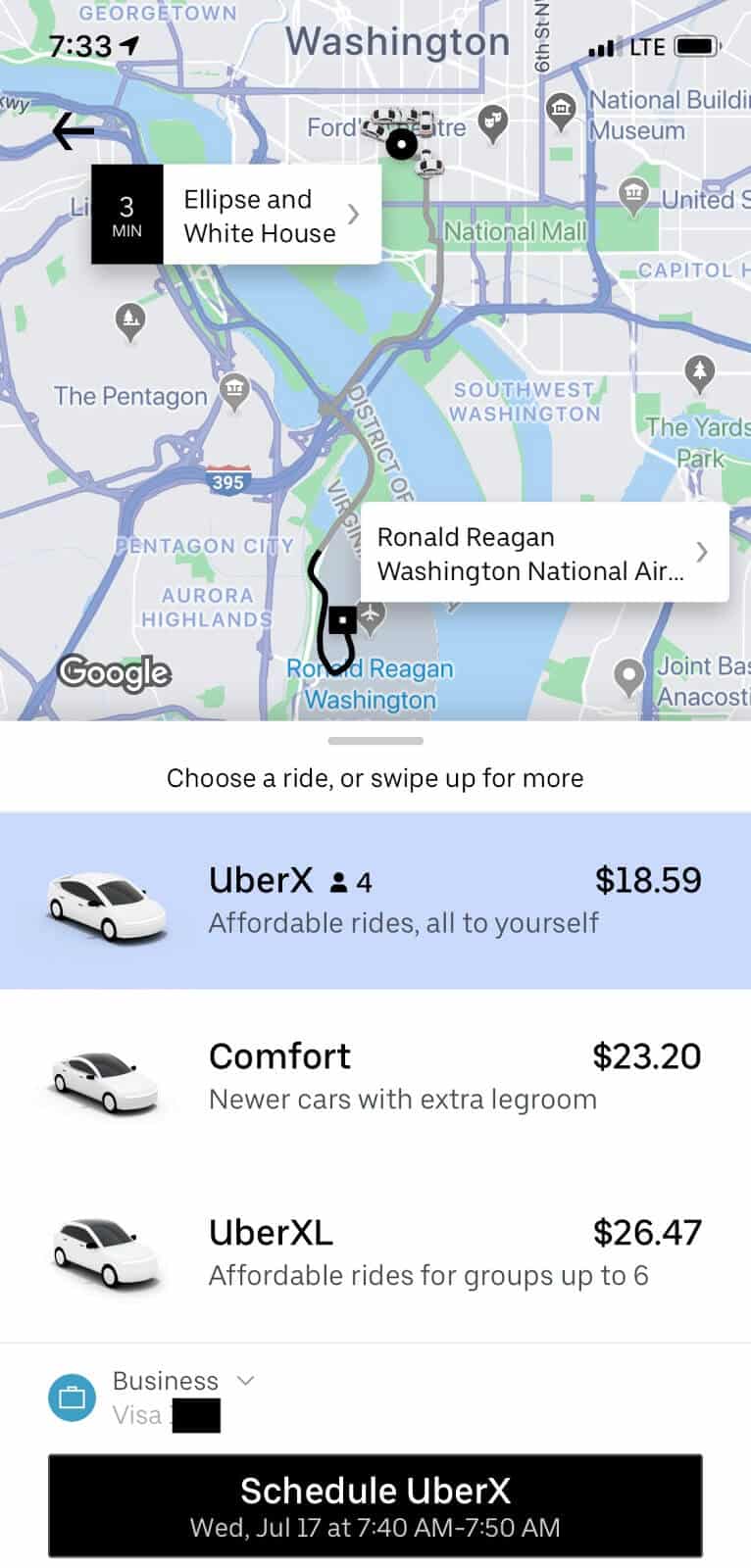 Schedule Uber: the confirmation page to finishes scheduling a ride in the app