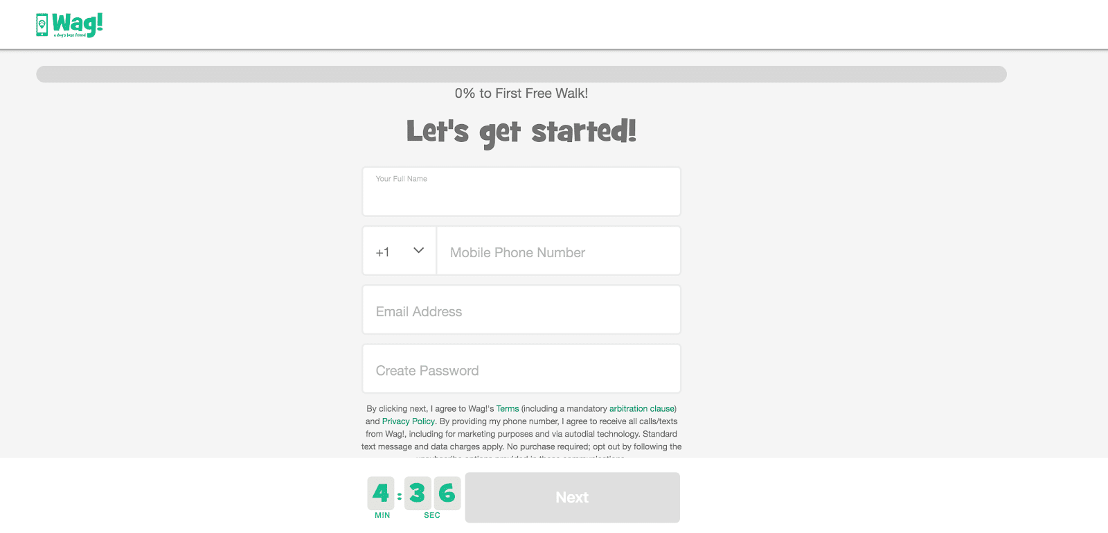 Wag sign-up page