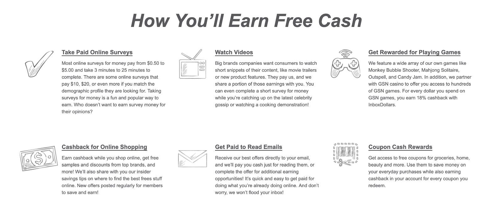 Screenshot of how to earn free cash on InboxDollars