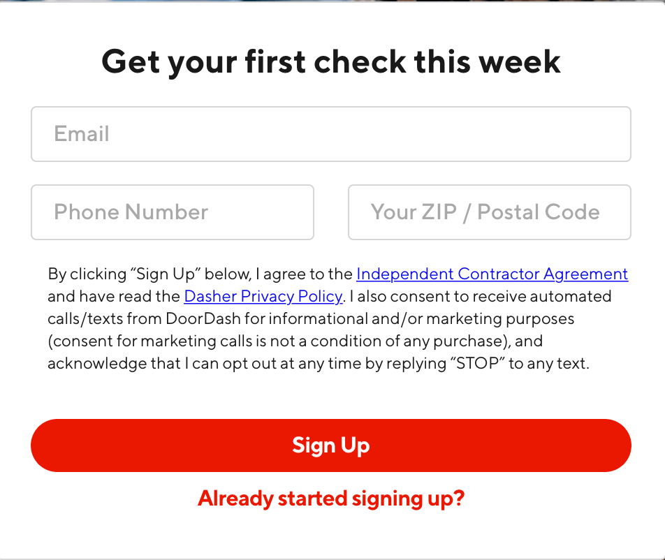 DoorDash reviews: the web page to sign up to drive for DoorDash
