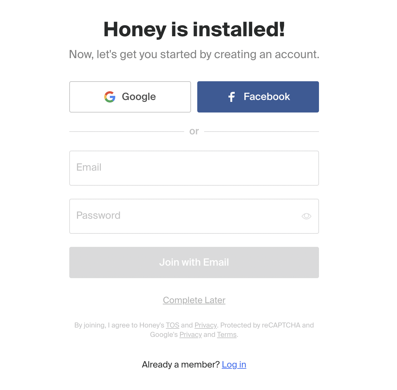Honey signup page