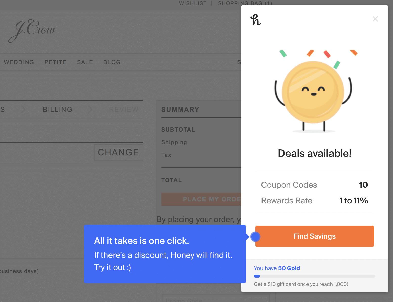 Honey plugin on J.Crew shopping page