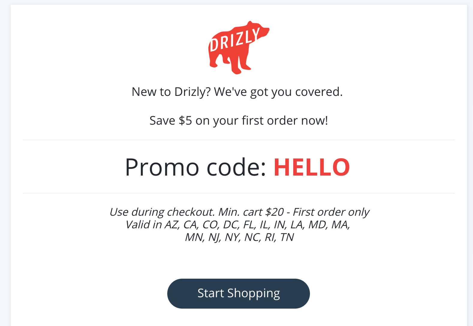 Screenshot of a Drizly promo code