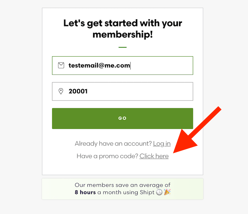 Shipt promo code: the app's account signup page