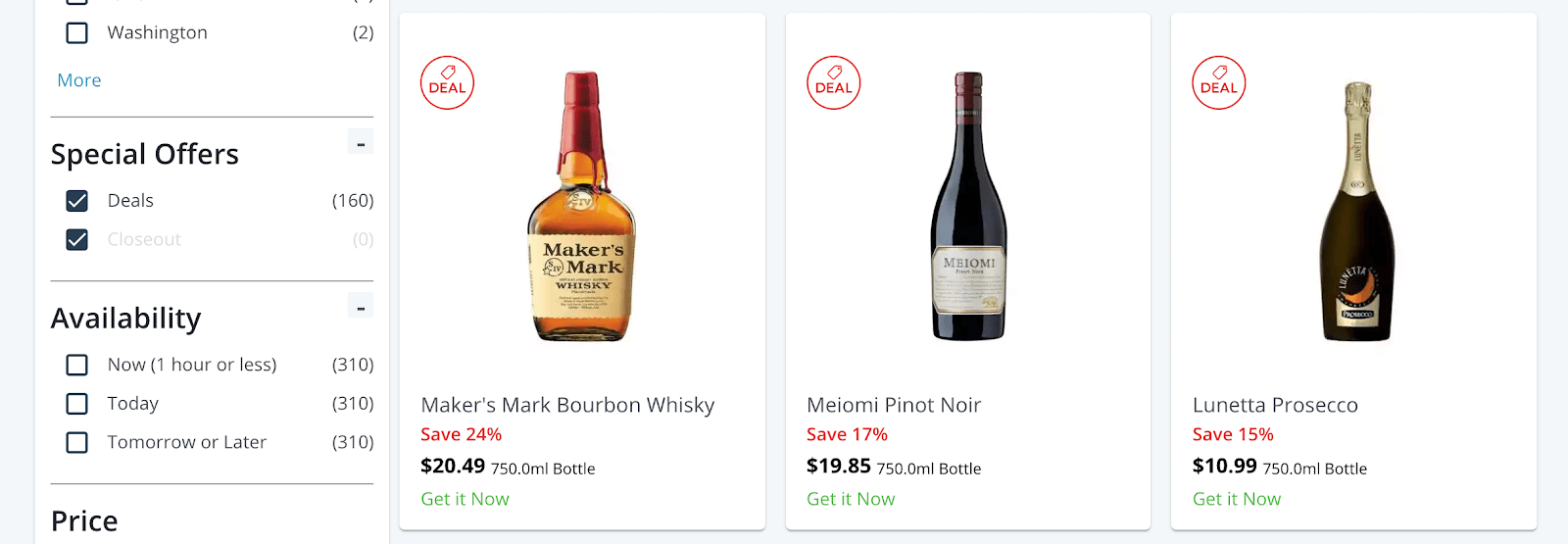 Screenshot of alcohol options on Drizly