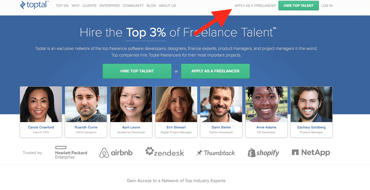 Screenshot of how to apply to Toptal