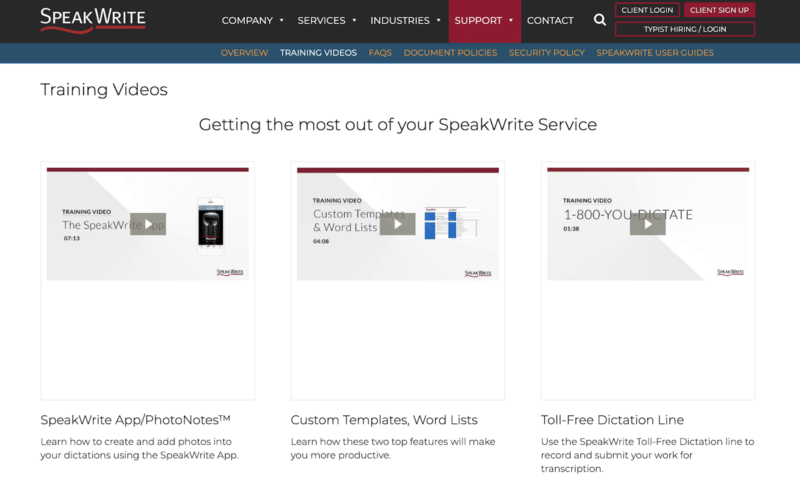 SpeakWrite: the webpage for training video