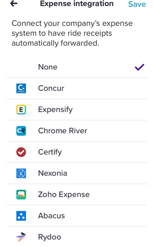 Uber receipts: the list of business software integrations on the Lyft app