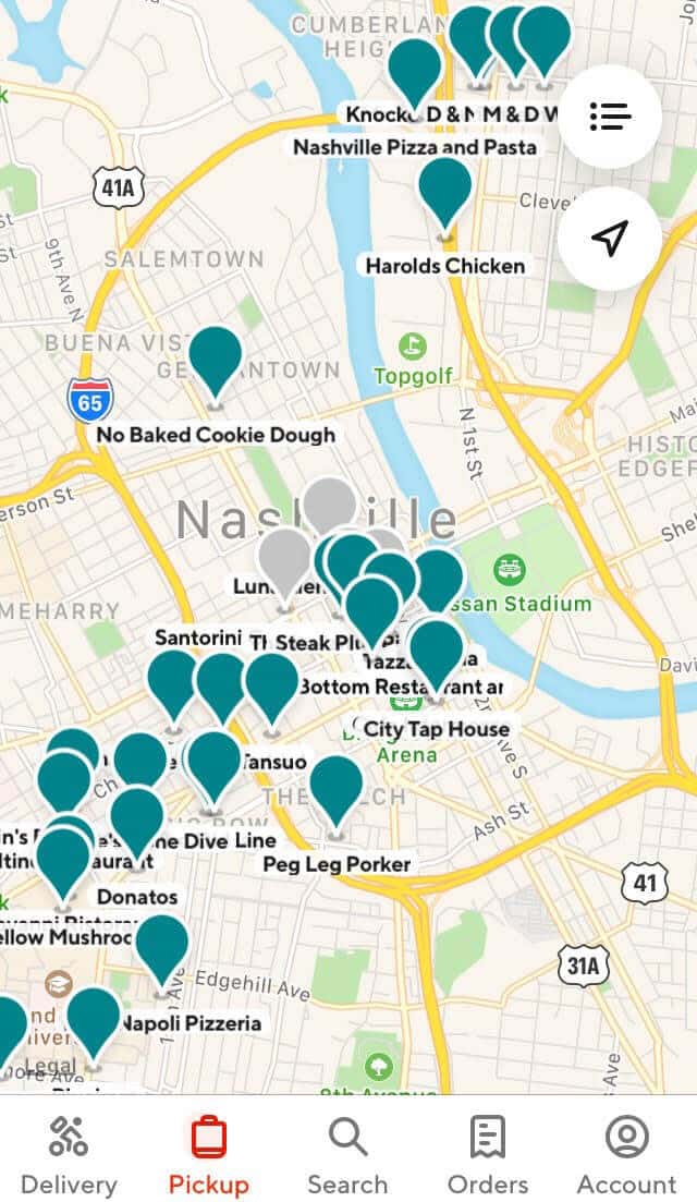 DoorDash reviews: the app's map that shows participating nearby restaurants