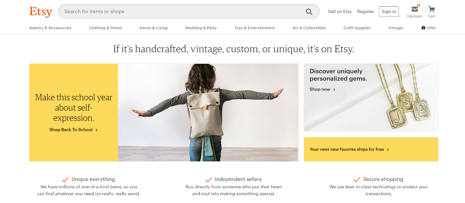 Screenshot of Etsy home page