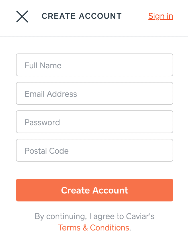 Trycaviar: the account creation dropdown menu on the site