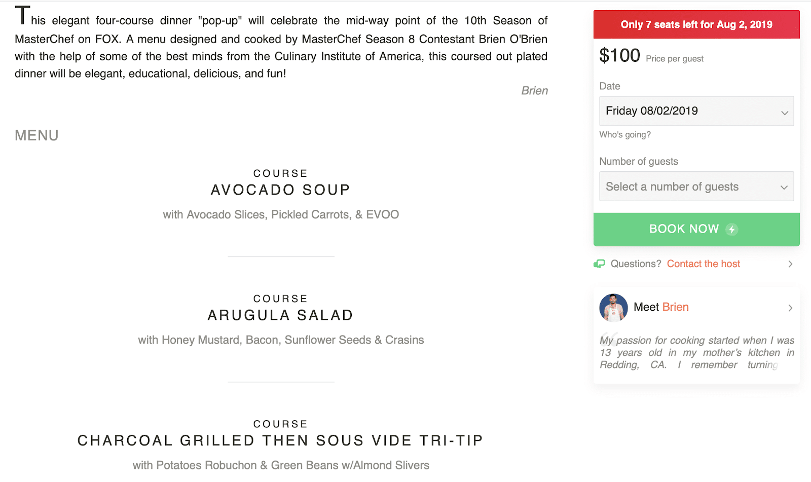 Eatwith: a menu for an event on the app