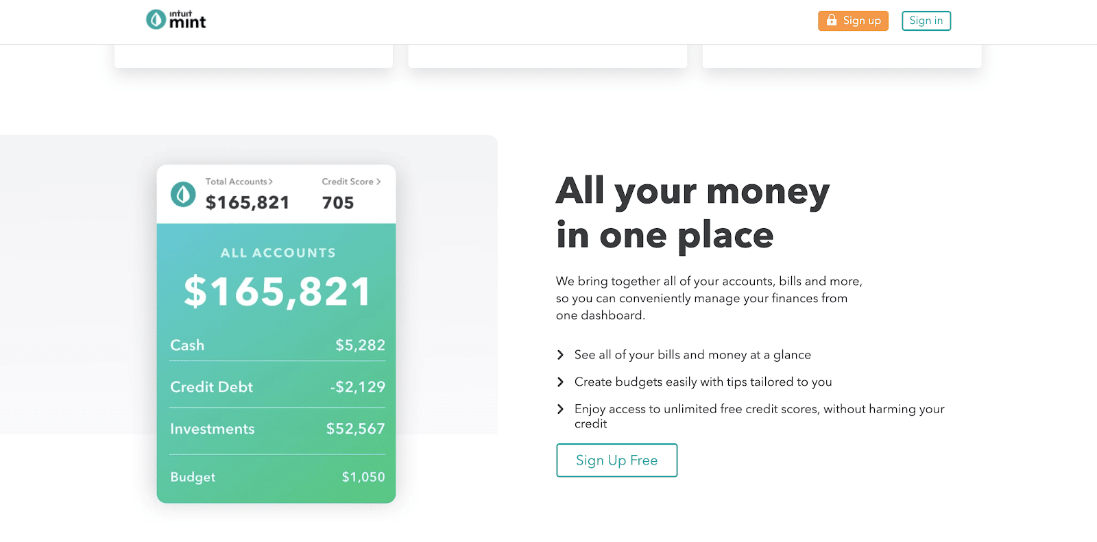 Personal Capital vs. Mint: a webpage showing Mint's mobile features