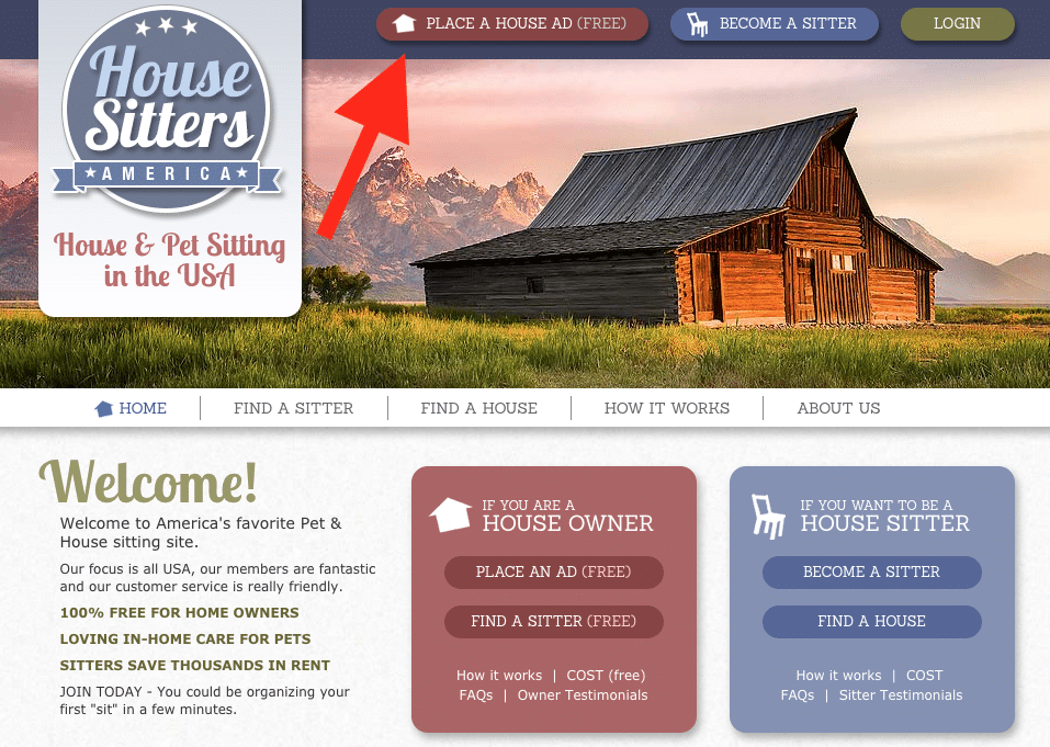 Screenshot of House Sitters America homepage