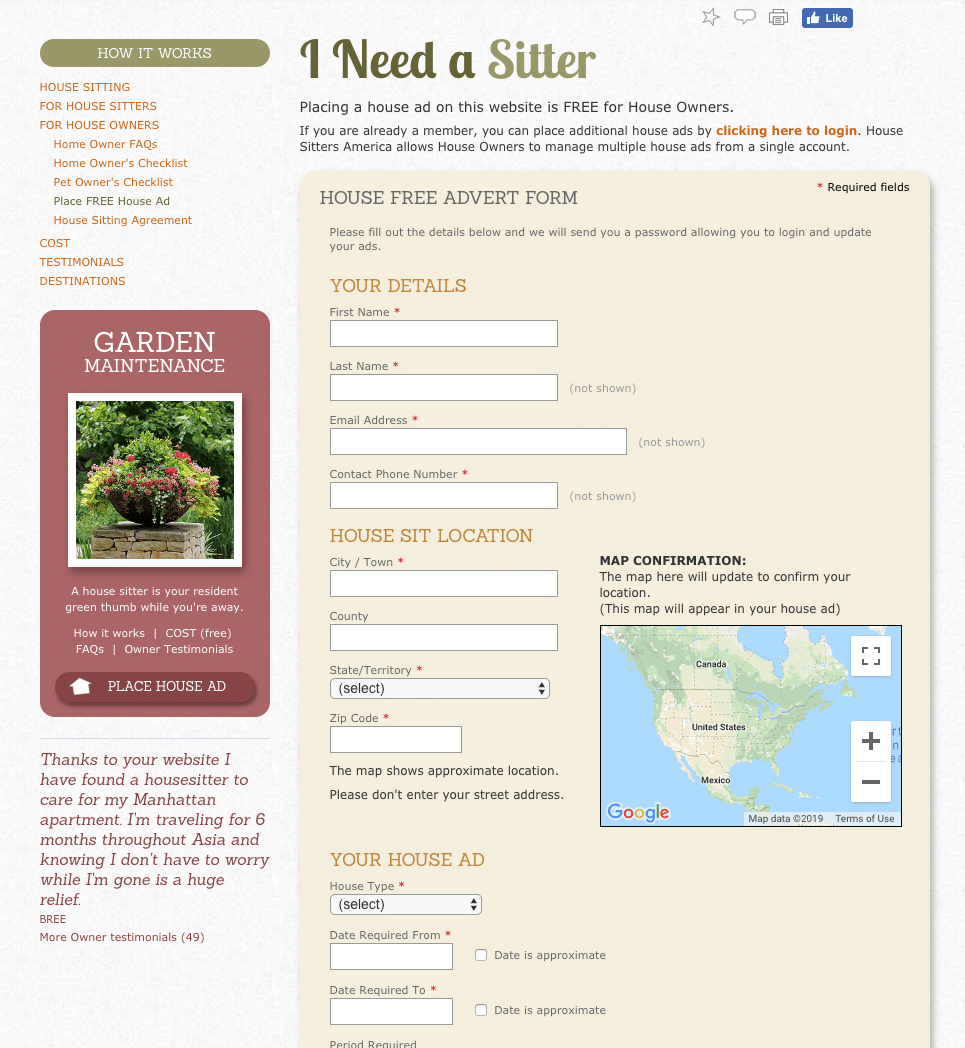Screenshot of House Sitters America sign-up page for home owners
