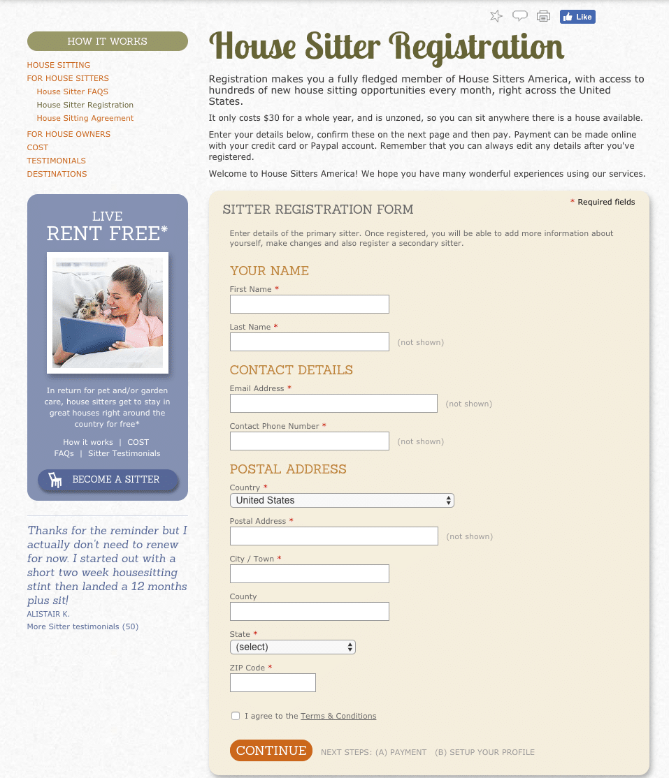 House sitter registration form
