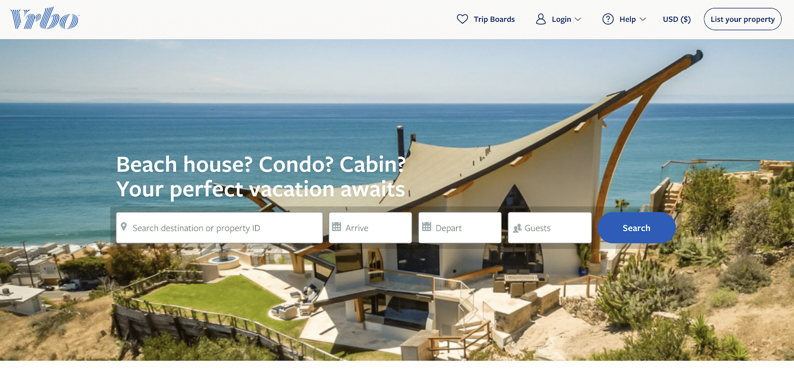 Airbnb vs. Vrbo: Vrbo homepage