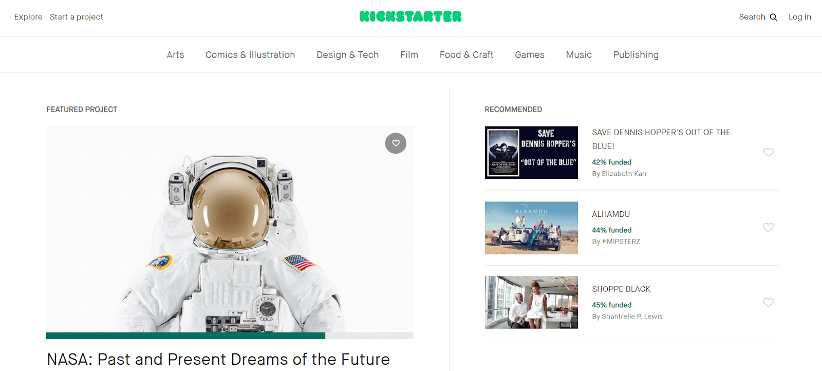 Screenshot of Kickstarter home page