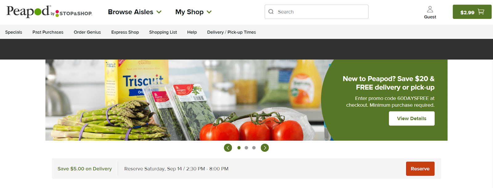 The Peapod homepage, advertising their most recent Peapod coupons