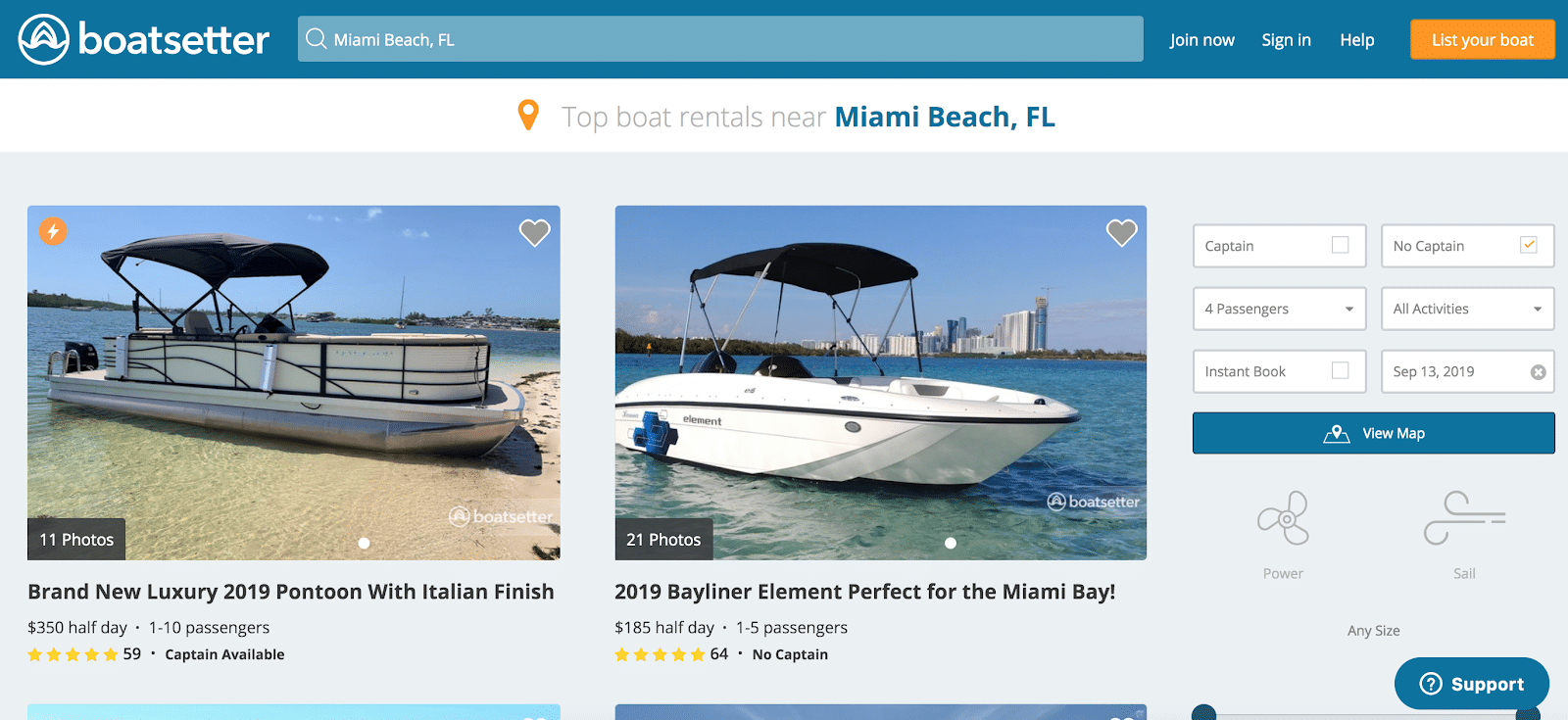 Boatsetter search results in Miami
