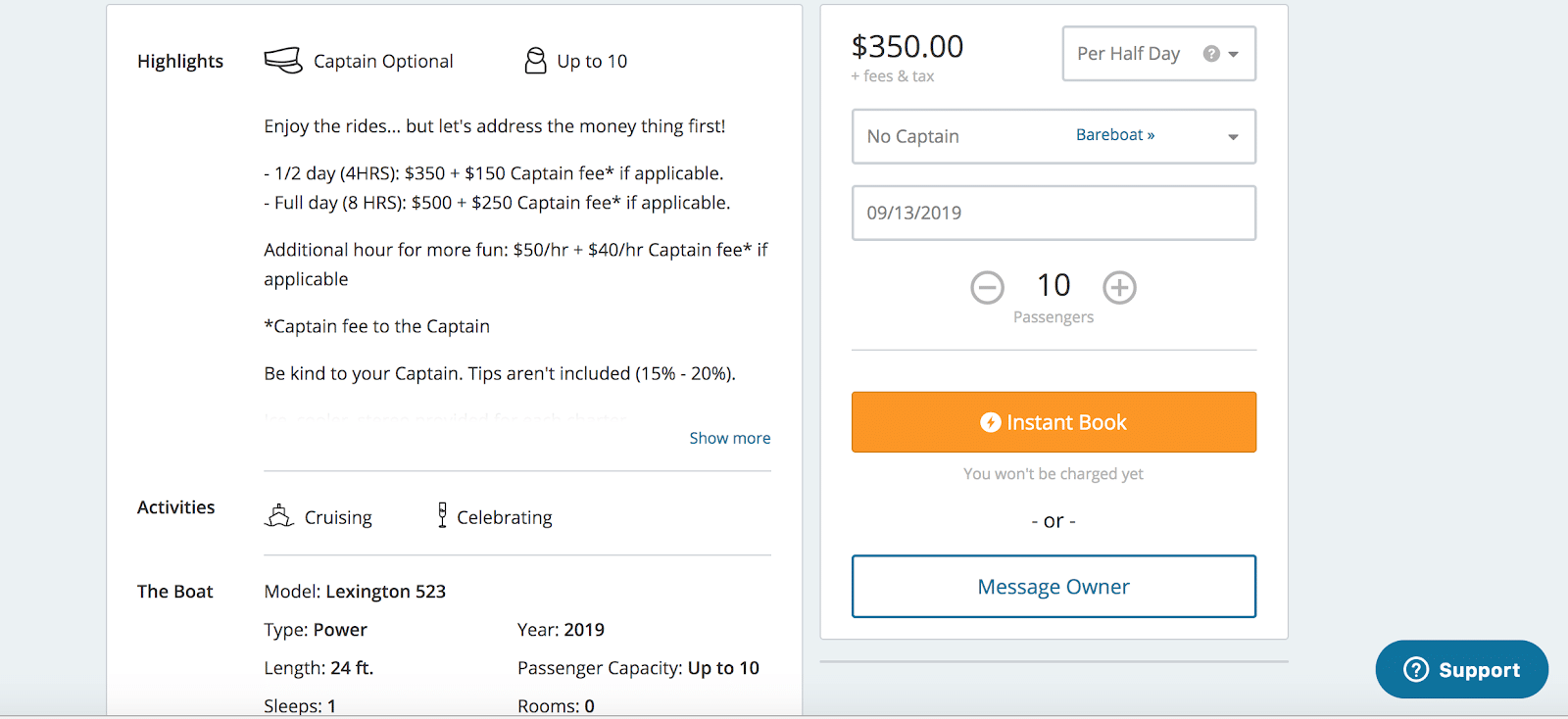 Boatsetter booking page