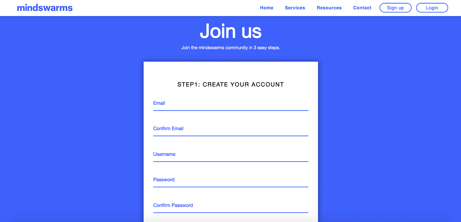 The Mindswarms page to create your account