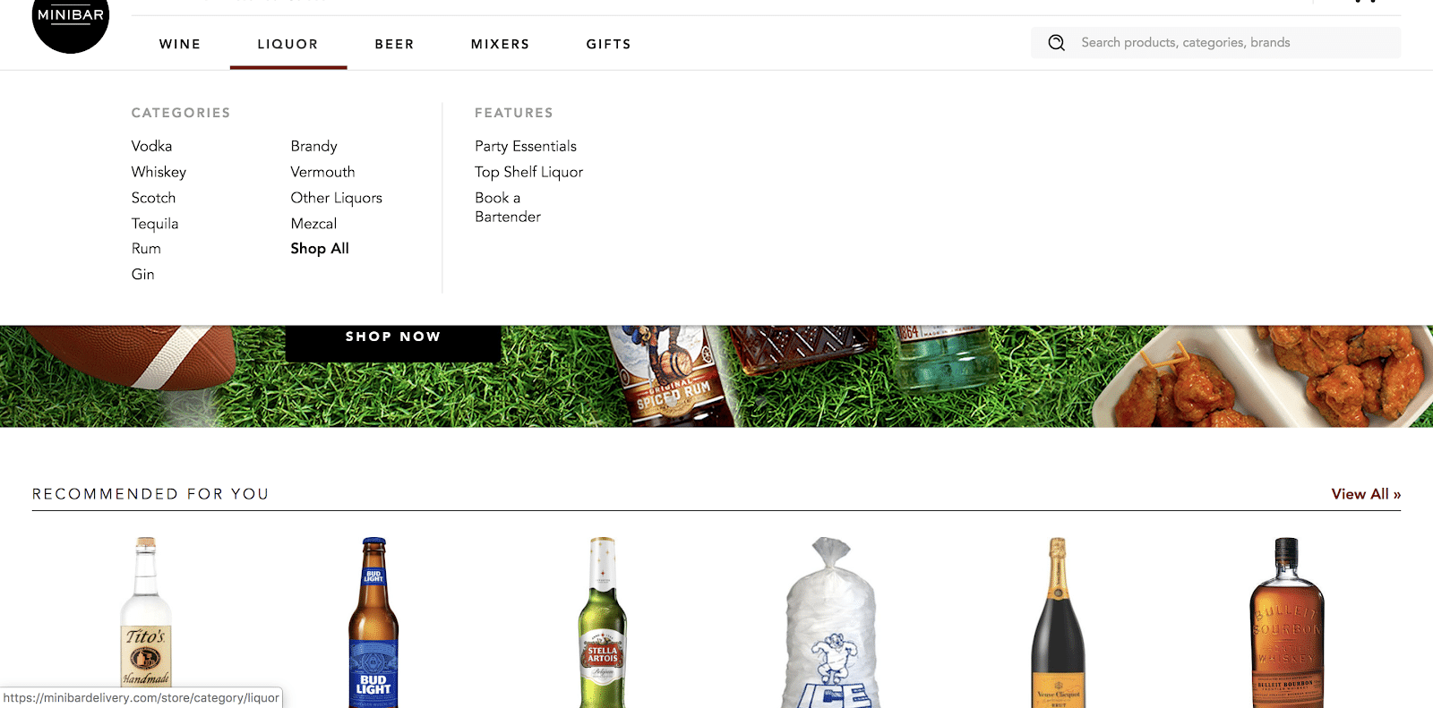 The drop down menu to shop on the Minibar website