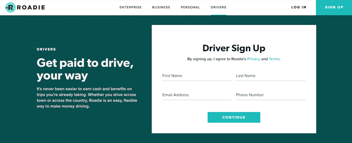 The Roadie web page to sign up to drive