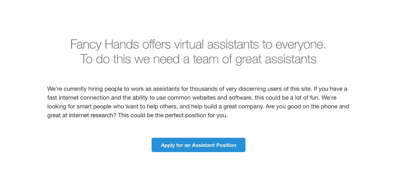 The Fancy Hands web page to apply for an assistant position