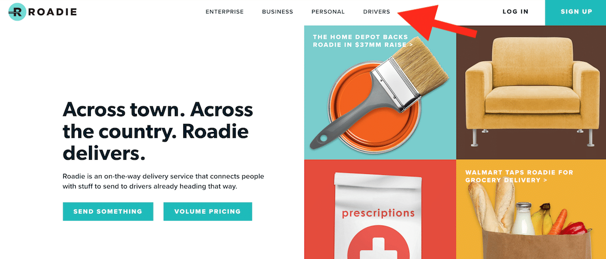 The Roadie homepage with an arrow pointing to the "Drivers" drop down menu