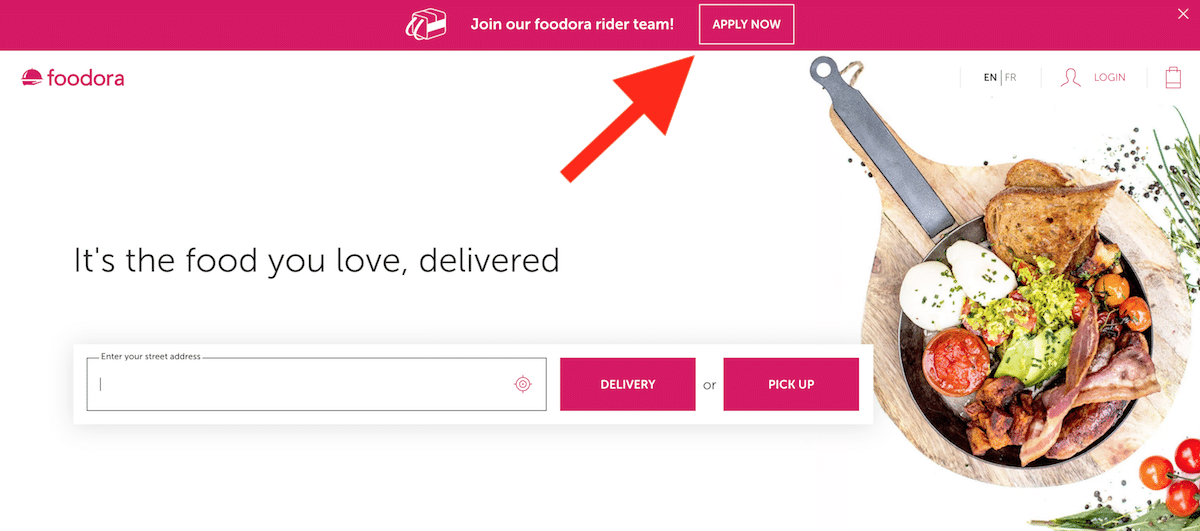 The Foodora homepage with an arrow pointing to the "Apply Now" button