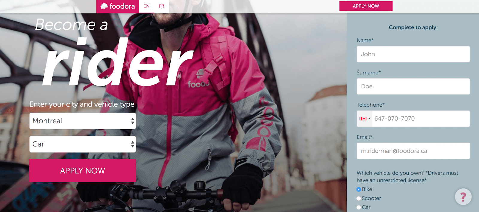 The Foodora easy application page to become a courier