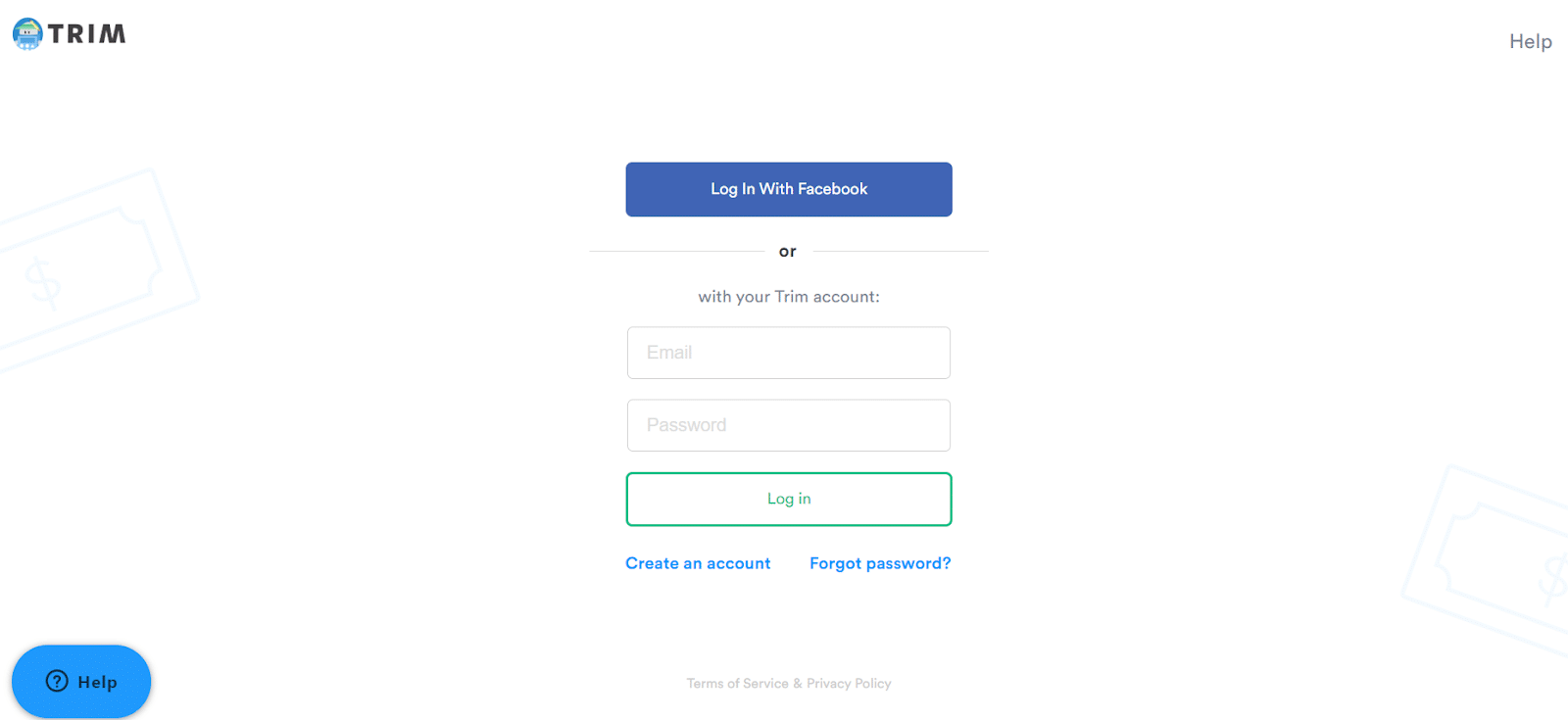 The Trim App website page to set up an account
