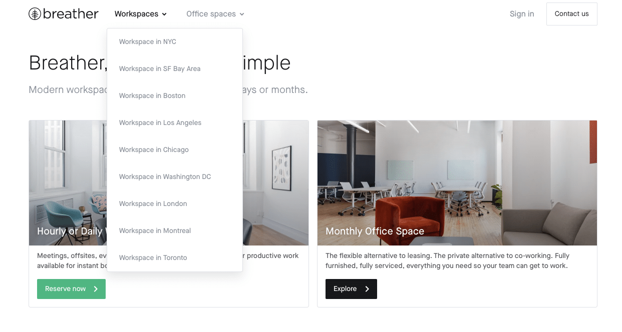 Breather webpage with available cities