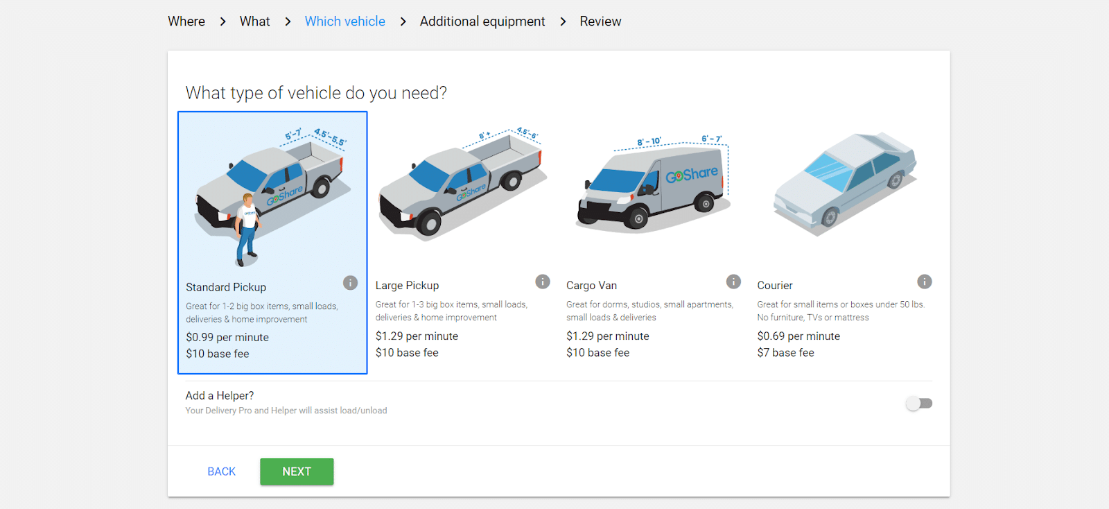 screenshot of vehicle selection page